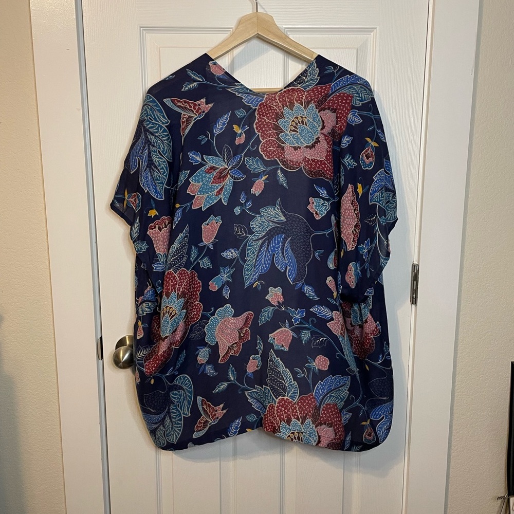 NWOT LOFT blue floral boho open cardigan wrap sz XS/S - Picture 2 of 9